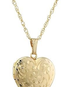 Amazon Essentials 14k Engraved Flowers Heart Locket Necklace, 18"