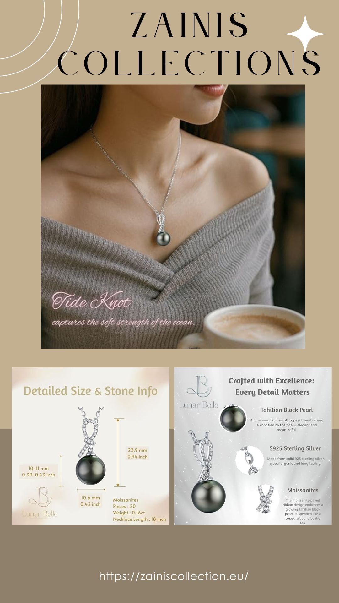 Lunar Belle Black Pearl Jewelry Pendant Gift for Wonmen, 925 Sterling Silver with Moissanite for Mon Mother Christmas Birthday with 18 inch Cable Chain(Ocean Knotlight)