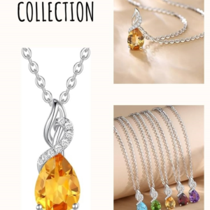 FANCIME 14K Solid White Gold Teardrop Pendant with Diamond Birthstone Necklace