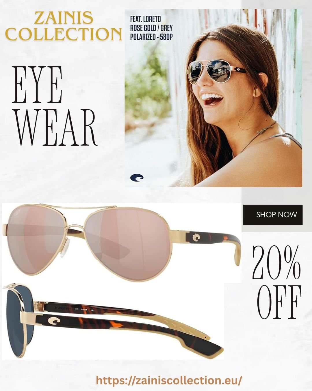 Costa Del Mar Polarized Sunglasses Womens - Loreto Aviator Designer Sunglasses for Women with 100% UV Protection Size 56 580P