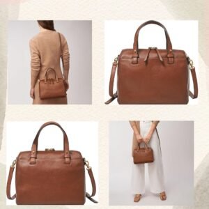Fossil Women's Rachel satchel purse handbag in brown leather with gold hardware